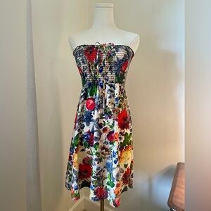 Double Zero Floral Smocked Strapless Dress in White, Red, Blue & Green
